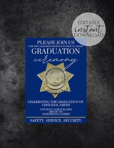 a blue graduation card with a police badge on the front and back cover, which reads please