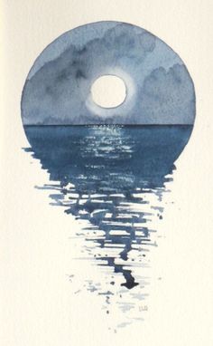 a watercolor painting of a full moon rising over the ocean with reflection on the water