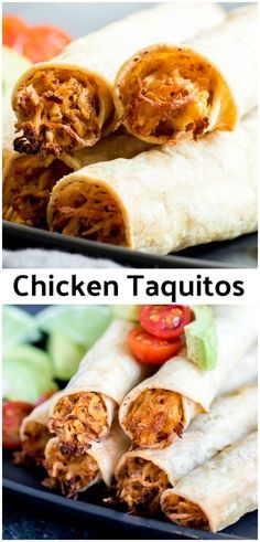 chicken taquitass cut in half and stacked on top of each other