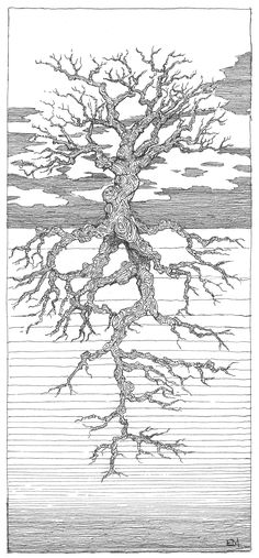 an ink drawing of a tree in the middle of water with clouds and sky behind it