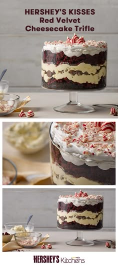 there is a cake with white frosting and candy canes on it, along with the words hershey's kisses bed cakes cheesecake trifle