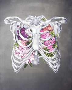 a painting of a skeleton with flowers on it's chest and ribs in the center