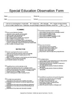 the sample form for a special education observation form is shown in this document, which contains information