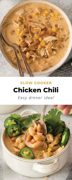 the cover of slow cooker chicken chili is shown in two different bowls with spoons