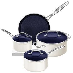 three pots and two pans are shown with lids on the bottom one is blue