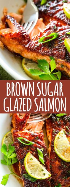 brown sugar glazed salmon on a white plate with lemons and garnishes