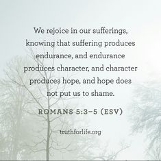 We rejoice in our sufferings,.
knowing that suffering produces
endurance, and endurance
produces character, and character
produces hope, and hope does
not put us to shame.

Truth For Life on Instagram