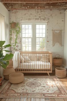 a baby's room with a crib, rugs and potted plants