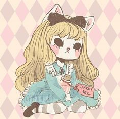 a drawing of a girl with long blonde hair wearing a cat ears hat and dress