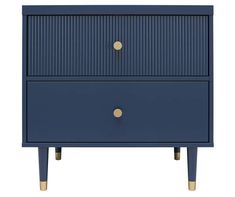 a blue dresser with two drawers on one side and gold knobs on the other