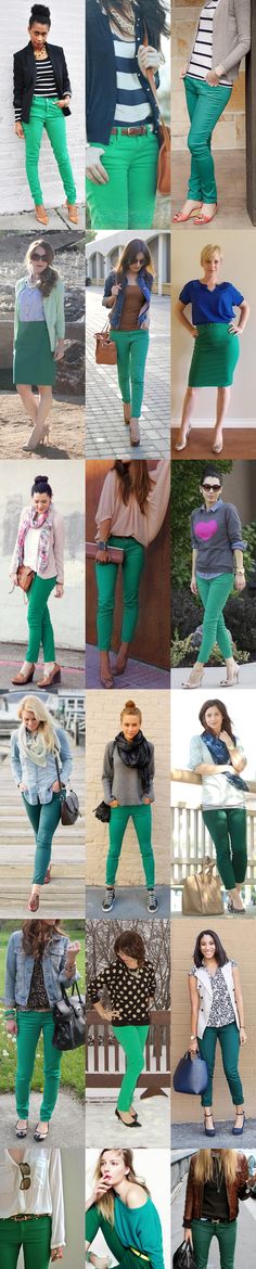 Green pants! Green Pants Outfit, Look Office, Green Jeans, Wear Green, Office Attire, Winter Shoes