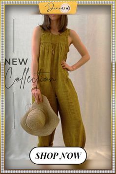 Solid Color Casual Summer Jumpsuit Khaki Jumpsuits And Rompers For Summer Loungewear, Summer Khaki Relaxed Fit Jumpsuits And Rompers, Casual Khaki Jumpsuits And Rompers For Summer, Sleeveless Khaki Jumpsuits And Rompers For Spring, Sleeveless Khaki Jumpsuits And Rompers For Summer, Vintage Green Jumpsuits And Rompers For Summer, Vintage Sleeveless Overalls For Summer, Vintage Jumpsuits And Rompers For Spring Vacation, Summer Jumpsuit Casual