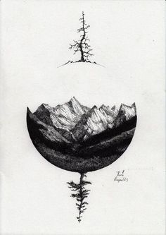 a black and white drawing of mountains with trees in the foreground, an upside down tree on top