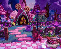 an animated image of a garden with flowers and trees in the background, as well as a purple castle