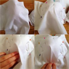 four pictures showing how to sew the top of a white shirt with colorful pins