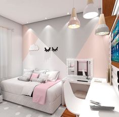 a bedroom with pink and white decor on the walls is shown in this artist's rendering