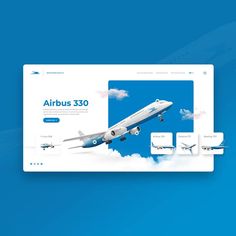 the landing page for an airline website is displayed on a blue background with white clouds