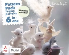 an advertisement for the pattern pack sewing patterns 6 in 1, featuring white birds and feathers