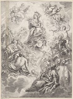 an old drawing of the birth of jesus with angels and other figures around it, in black and white