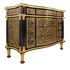 an ornate black and gold cabinet with two doors on one side, three drawers on the other