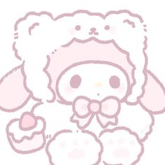 a drawing of a teddy bear wearing a pink hat and holding a small cupcake