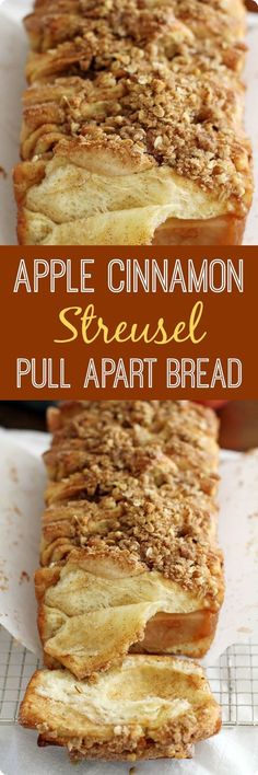 an apple cinnamon cheese pull apart bread on a white plate with text overlay that reads, apple cinnamon streuse pull apart bread