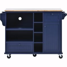 a blue cabinet with two drawers on wheels