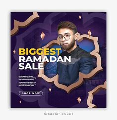 a poster for the biggest ramaan sale with a man wearing glasses and looking at the camera