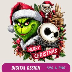 the grin face with santa claus hat and skull on it's chest is surrounded by christmas