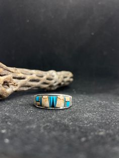 Turquoise Inlay Ring, Artisan Adjustable Turquoise Ring With Inlay, Artisan Turquoise Ring With Inlay, Sterling Silver Inlay Jewelry, Navajo Tribe, Mens Band Rings, Arrow Design, Sleeping Beauty Turquoise, Silver Work