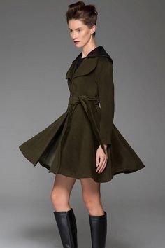 Woman's Swing Coat - Army Green Fit and Flare Short Winter Jacket with – xiaolizi Solid A-line Outerwear For Fall, Elegant Khaki Pea Coat For Fall, Winter A-line Workwear Outerwear, A-line Winter Outerwear For Work, A-line Winter Workwear Outerwear, A-line Outerwear For Winter Workwear, Chic Green Pea Coat For Winter, Winter Green Belted Outerwear, Black A-line Outerwear For Spring