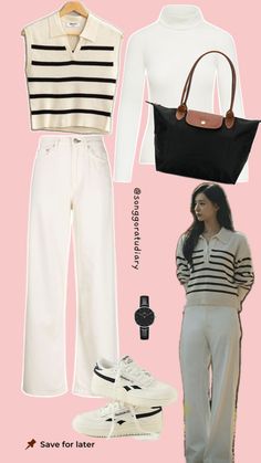 Korean drama casual simple comfy fits beige white putih stripe knit polo vest garis garis celana jeans putih gaya inspo outfit mix and match kaus kaos putih white tshirt OOTD Ootd Hijab Jeans, Jeans Outfit Korean, Hijab Jeans, Outfits Hijab, White Jeans Outfit, Polo Vest, Celana Jeans, Outfit Korean, Kim Ji Won