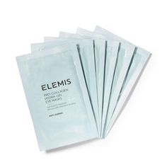 A fan arrangement of seven light blue packets of ELEMIS - PRO-COLLAGEN HYDRA GEL MASK. The individual packet in front displays the product name and "Anti-Ageing" label under the brand ELEMIS - STEINER. Infused with Hyaluronic Acid Eye Patches Skin Care, Under Eye Mask, Elemis Pro Collagen, Eye Wrinkle, Gel Mask, Eye Masks, Skin Tightening, Eye Area, Hydrate Skin