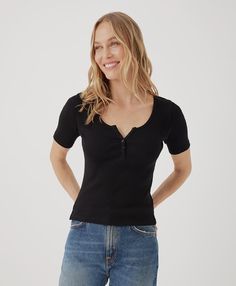 Our Favorite Rib collection is an extension of our core basics in a modern, textured fabric. The Henley Top feels classic but looks elevated with smoothing rib and a throwback fit Soft organic ribbing with a touch of stretch Scoop neck, extended short sleeves Henley placket Straight hem, hits above the hip Slim fit Wardrobe Planning, Best Poses For Pictures, Henley Top, Textured Fabric, Cotton Tops, Top Shirt, Summer Outfits, Organic Cotton, Nordstrom