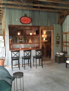 the inside of a building with several chairs and barstools in front of it