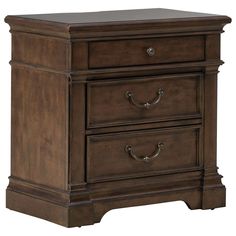 a brown wooden nightstand with two drawers and one drawer on the bottom, in front of a white background