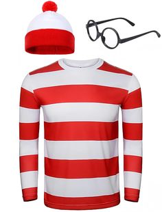 PRICES MAY VARY. 👕【Red and White Striped Shirt Costume】 Have you heard of Wenda? She's Waldo's girlfriend. This fun costume package is suitable for most men and women, the best choice for Halloween costumes! 👕【Halloween Costumes for Men】Package includes: 1 red and white striped long-sleeve T-shirt, 1 red white beanie hat, and 1 pair of black frame glasses. Funny and smart Waldo image makes you more popular in the party and become the focus of attention. 👕【Stripe Costume Set Material】Red and W Waldo Costume, Costumes Faciles, Red Striped Shirt, Outfit Suit, Hat Outfit, Easy Costumes, Boy Costumes, T Shirt Costumes