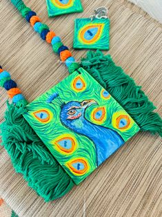 Handmade Handpainted Green peacock necklace set. Amazing color combination . . Green Peacock, Peacock Necklace, American Diamond Necklaces, Oxidized Necklace, Polki Necklace, Western Earrings, Peacock Green, Ethnic Earrings, Kundan Necklaces