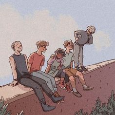 a group of people sitting on top of a wall next to each other and one person holding a cell phone