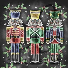 three nutcrackers with holly and mist on black background greeting card for christmas