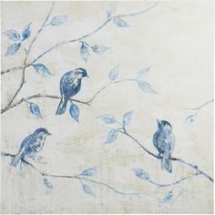 two birds sitting on a branch with leaves painted on the wall in front of them