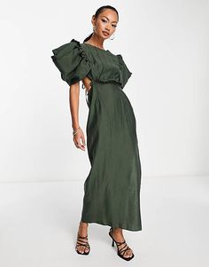 ASOS DESIGN pintuck midi dress with puff sleeve & cut-out waist detail in dark green | ASOS Chic Green Maxi Dress With Gathered Sleeves, Puff Sleeve Midi Dress With Tie Back For Brunch, Elegant Green Puff Sleeve Dress For Brunch, Chic Green Midi Dress With Pleated Sleeves, Chic Green Midi Dress With Tie Back, Green Puff Sleeve Midi Dress For Brunch, Green Midi Dress With Gathered Sleeves For Party, Chic Green Maxi Dress With Puff Sleeves, Green Midi-length Puff Sleeve Dress With Gathered Sleeves