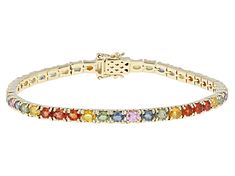 1.96ctw Oval Yellow, 1.56ctw Oval Blue, 2.54ctw Oval Orange, 0.59ctw Oval Pink, 1.96 Oval Green Sapphire 10k Yellow Gold Bracelet. Measures Approximately 0.16"W. Box Clasp. Diamond Multi-stone Tennis Bracelet, Multi-stone Diamond Tennis Bracelet, Round Diamond Multi-stone Tennis Bracelet, Multi-stone Round Diamond Bracelet For Anniversary, Classic Multicolor Diamond Jewelry, Elegant Multi-stone Oval Tennis Bracelet, Elegant Oval Multi-stone Tennis Bracelet, Formal Multicolor Jewelry With Prong Setting, Oval Multi-stone Tennis Bracelet In Fine Jewelry Style