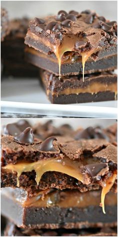 two pictures of chocolate brownies with caramel drizzle on top and bottom