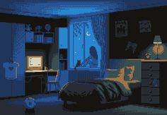 a room with a bed, desk and computer monitor on it at night time in the dark