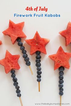 four fruit kabobs are arranged in the shape of stars on toothpicks