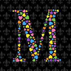 the letter m is made up of hearts and fleurions on a black background