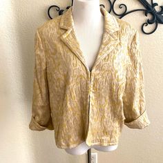 Beige And Gold Tones In This Fancy Evening Jacket . Cuffed 3/4 Sleeves And Eye Hook Front Closures. Never Worn Dress Up With Jeans Or Your Holiday Outfit! Bolero Style. Blazer . Bolero. Jacket. Formal Fitted Collared Cropped Jacket For Spring, Elegant Collared Cropped Jacket For Spring, Elegant Yellow Spring Outerwear, Fitted Long Sleeve Cropped Jacket For Summer, Formal Long Sleeve Cropped Jacket For Spring, Vintage Cropped Jacket For Spring Workwear, Vintage Spring Cropped Jacket For Workwear, Fitted Vintage Cropped Jacket For Spring, Spring Vintage Cropped Jacket For Workwear