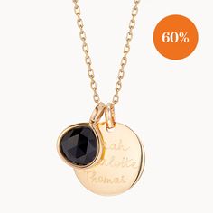 Symbolising strength and support, our semi-precious black onyx gemstone is paired with our signature disc charm, and hand-engraved to create a personalized necklace as unique as you are.Please note that there may be slight variations between each birthstone and gemstone due to its origins.18K Champagne Gold Plated, 925 Sterling Silver or 18K Rose Gold PlatedDisc Charm: 0.7 x 0.7Gemstone: 0.5 x 0.5Secure clasp fasteningCharms are removable from this chain and can be worn on all Merci Maman chain lengthsHand-engraved in our Paris workshopSent with love in a complimentary gift boxAny slight variations in lettering depth, spacing and alignment from the examples shown are part of the aesthetic and originality of the piece. Personalized Black Pendant Jewelry, Personalized Black Pendant Necklace, Black Pendant Necklace For Personalized Gift, Elegant Black Necklace For Personalized Gift, Black Pendant Jewelry For Personalized Gift, Elegant Black Personalized Necklace, Minimalist Black Jewelry For Personalized Gifts, Black Round Pendant Necklace For Personalized Gift, Minimalist Black Jewelry With Engraving Option