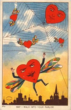 an image of a man flying through the air with heart shaped kites in front of him